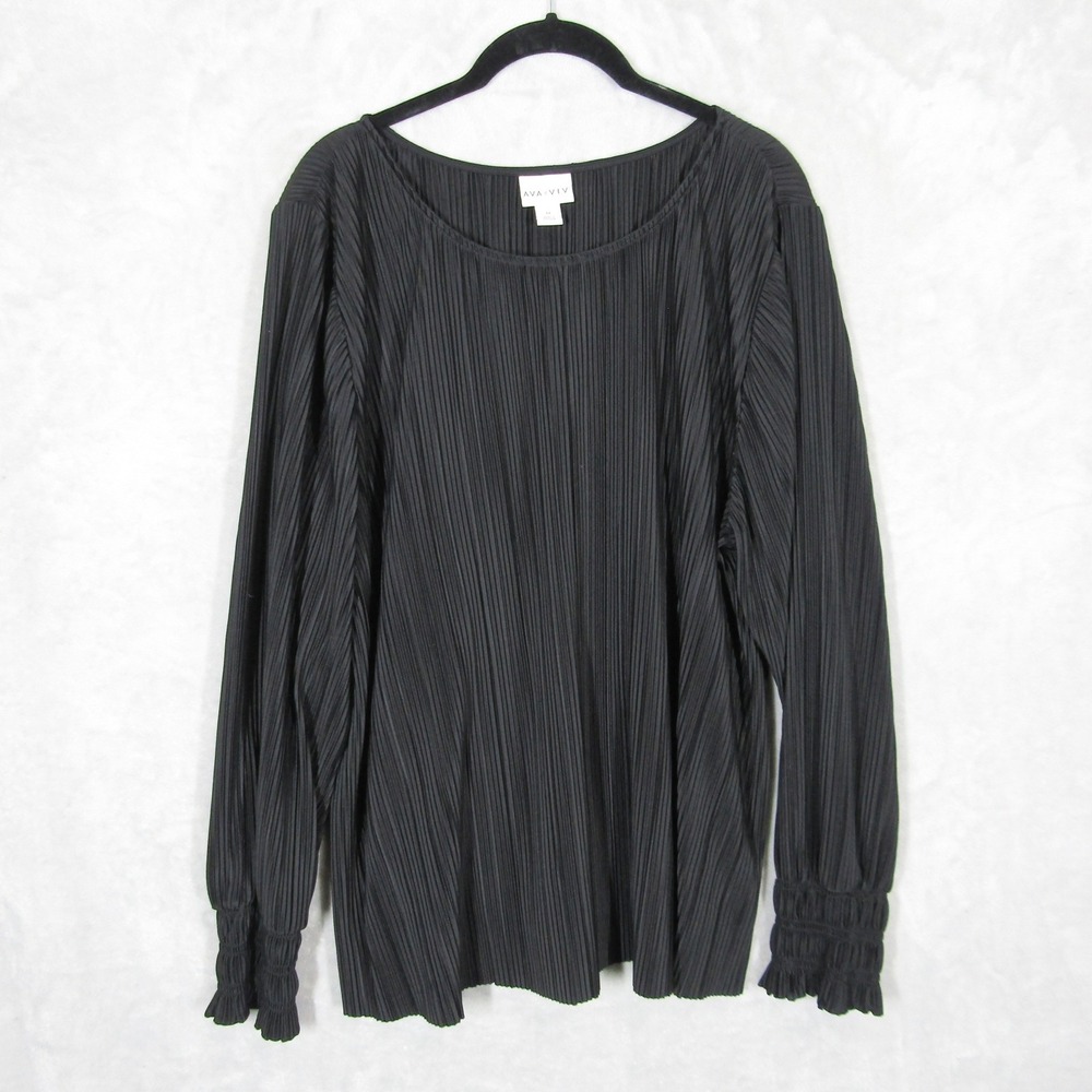 Ava & Viv Womens 1X Black Plisse Pleated Long Sleeve Smocked Cuff Blouse Top